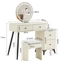 Fluted Makeup Vanity Desk With Round LED Mirror And Lights, Modern Glass Top Big Vanity Table With 4 Drawers  Adjustable Shelves