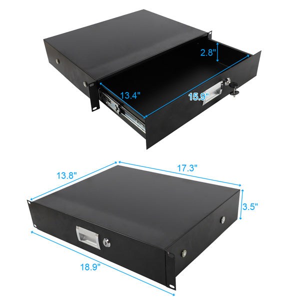 19" 2U Steel Plate DJ Drawer Equipment Cabinet with Keys Black